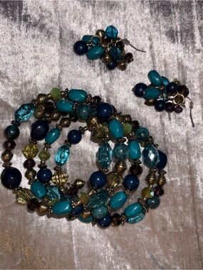 Blue & Teal Multi-Bead Women's Necklace with Matching Earrings